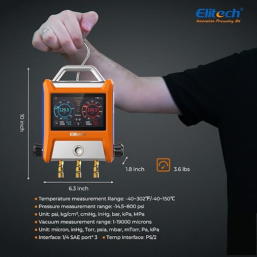 Elitech EMG-20V Intelligent HVAC Digital Manifold Gauge Three Port with Vaccum Sensor Thermometer Clamps Hoses