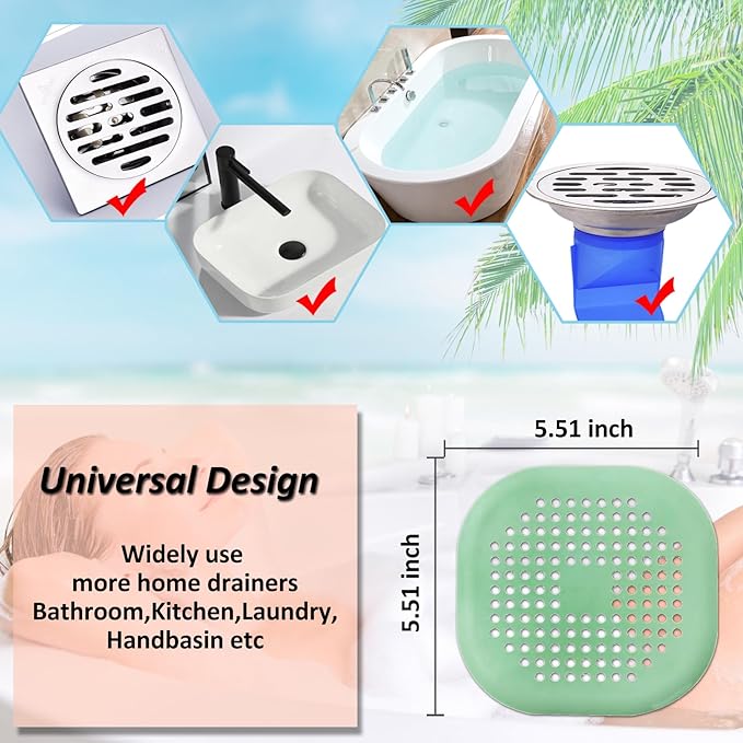 Hair Drain Catcher,Square Drain Cover for Shower Silicone Hair Stopper with Suction Cup,Easy to Install Suit for Bathroom,Bathtub,Kitchen 2 Pack (Purple Green)