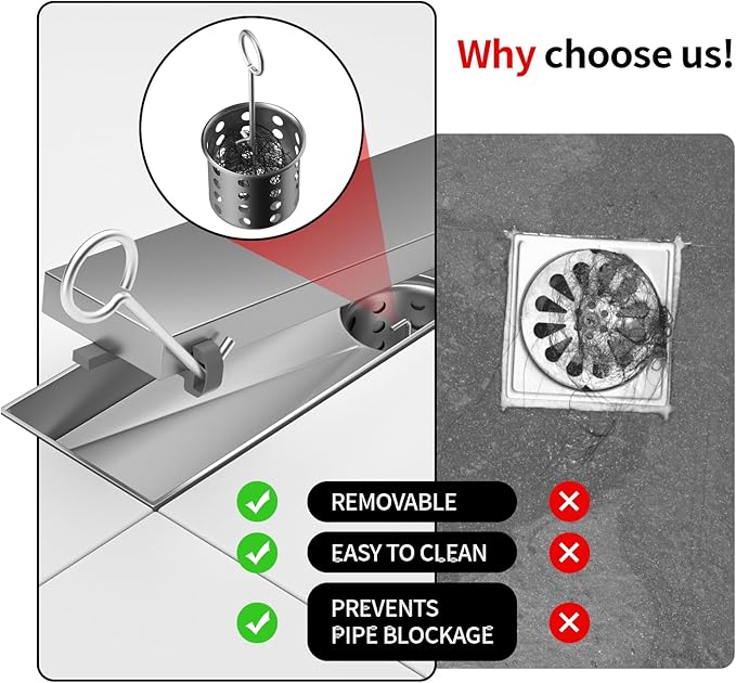 Linear Shower Drain, 304 Stainless Steel with Adjustable Leveling Feet, Hair Strainer,Reversely Install Place to Create an Invisible Floor Drain - Silver -18-Inch
