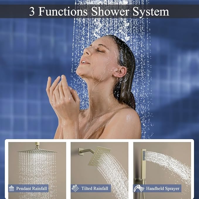 Shower Faucet Set Brushed Gold Shower System, Knob Switch Diverter Shower Faucet with High Pressure Handheld Spray, Ceiling Mount 12 Inch Shower Head with 6 Inch Wall Mount Shower Head