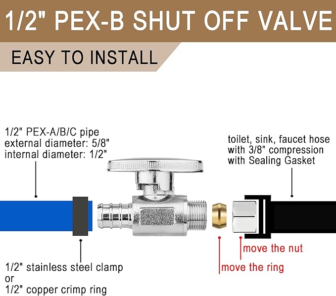 [10 Pieces] Lingmfg Straight Angle Valve Shut Off Valve 1/2" PEX-B Crimp x 3/8" Compression LING-AV38-1/2F1807-S-10
