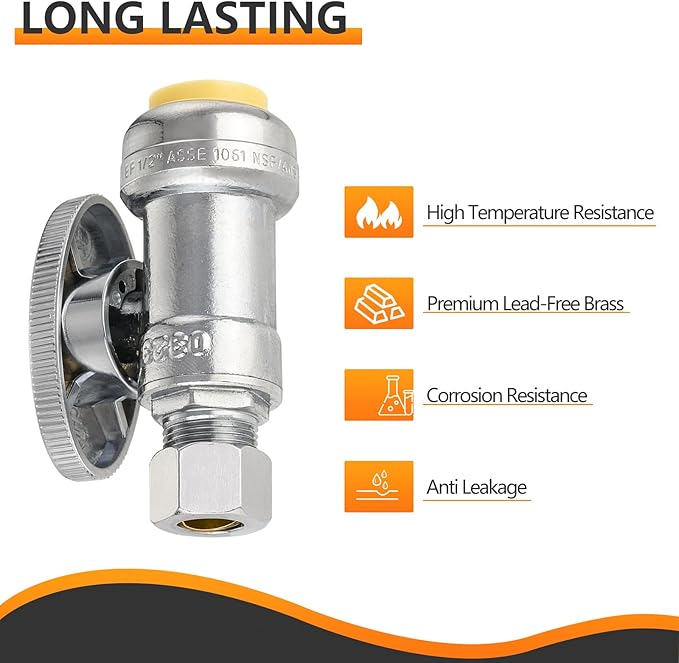 HeSun 50-PCs Push-Fit Straight Stop Valve, 1/2" Push x 1/4" OD Compression Straight Stop, 1/4 Turn Water Shut Off Valve for Bathroom with Disconnect Clip Tool