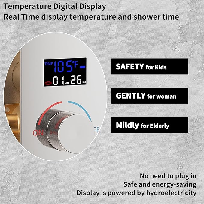 2 Function Shower Diverter with Temperature Display Solid Brass Shower Mixer Valve Pressure Balancing and Flow Control Bathroom Shower Diverter Valve, Chrome