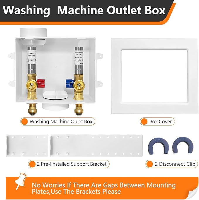 1-Pack HeSun Washing Machine Outlet Box, 1/2 Inch Push-Fit Inlet x 3/4 Inch MHT Outlet, Push to Connect Pex Washer Box with Center Drain,with Stainless Steel Arrestor(WM010)