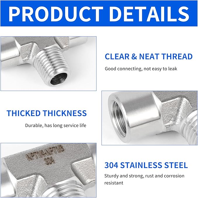2 piece,NPT1/8 Female - NPT1/4 Male - NPT1/8 Female tee, 3WayConnector, Fabricate of 304 Stainless Steel.