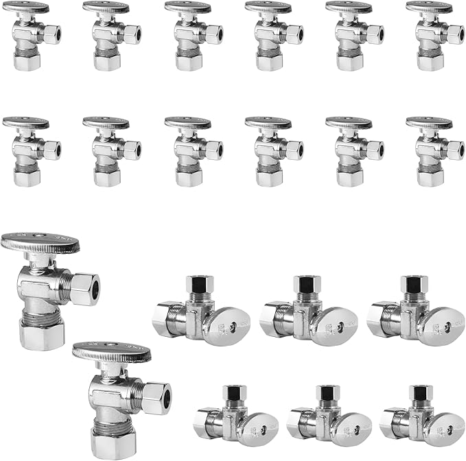 20-Pack Foskan Compression Angle Stop Valve,1/4 Turn Shut Off Valve 1/2" NOM (5/8" OD) x 3/8" OD,Chrome Plated Brass