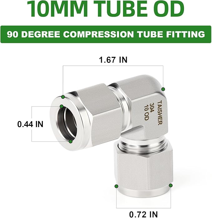 TAISHER 1PCS 304 Stainless Steel 90 Degree Compression Tube Pipe Fitting Connector, 10MM Tube OD x 10MM Tube OD Adapter