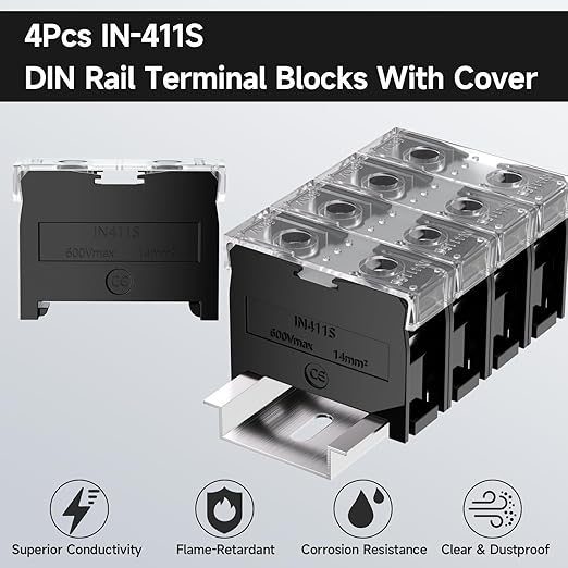 4Pcs DIN Rail Terminal Blocks with Cover, IN-411S 600V 60A Electrical Connection Terminals, 8Pcs 14-12 AWG Insulated Fork Spade Wire Connectors & 3.15 Inch DIN Rail Included