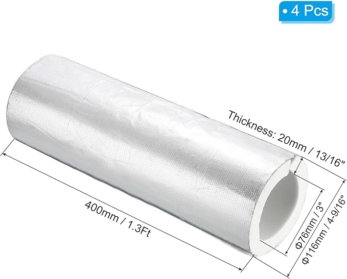 PATIKIL 3"(76mm) ID 4-9/16"(116mm) OD Pipe Insulation Foam Tube, 4Pcs 1.3Ft Self Adhesive Pre Slit Pipe Insulation Tube Cover Wrapping with Aluminum Foil for Winter Irrigation, White