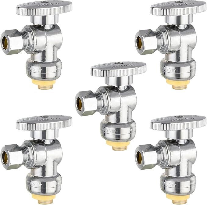HeSun 5-PCs Push-Fit Angle Stop Valve, 1/2" Push x 1/4" OD Compression Angle Stop, 1/4 Turn Water Shut Off Valve for Bathroom with Disconnect Clip Tool
