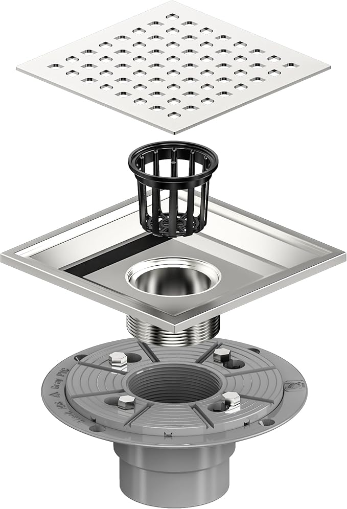 Neodrain Square Shower Drain,6 inch Stainless Steel 304 Grate and PVC Drain Body, Grate with Brushed Nickel Finish, Kit Includes Hair Trap/Strainer,Lifting Hook and PVC Drain Base