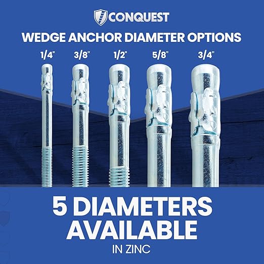 Conquest 5/8" x 3-1/2" Zinc Plated Wedge Anchors (Box of 25) High Performance Concrete Anchors - Rust Resistant Zinc Plating for Dry Interior Environments - Heavy Duty Fastener for Concrete