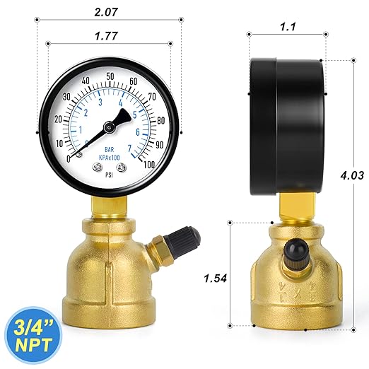 MEANLIN MEASURE 0-100Psi Forged Brass Air Test Pressure gauges, 3/4" FNPT Connection, 2" Double Graduated, Bell Shape Body Assembly, -3-2-3% Accuracy