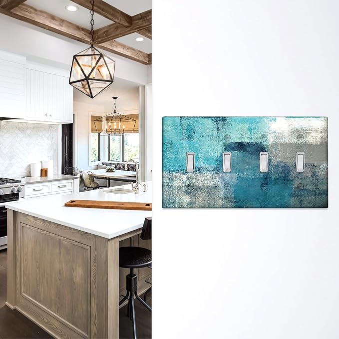 Turquoise Grey Light Switch Cover 4 Gang Toggle Decorative Wall Switch Plates Abstract Art Wallplates Outlets Cover for Kitchen Bedroom Decor