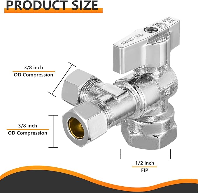 5-PCs HeSun Quarter-Turn Angle Stop Valve, 1/2" FIP x 3/8" OD Comp x 3/8" OD Comp, Dual Compression Outlet Shut Off Valve, PEX Chrome Plated Brass(VALVE209-5)