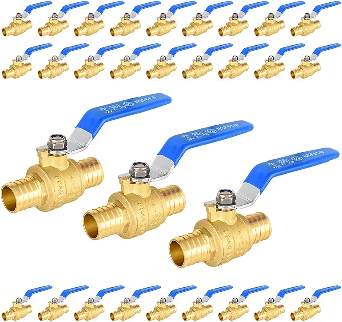 30-Pack Foskan 1 Inch PEX Crimp Full Port Ball Valve with Blue Handle, Brass Quarter Turn Shut-off Valve for PEX Tubing
