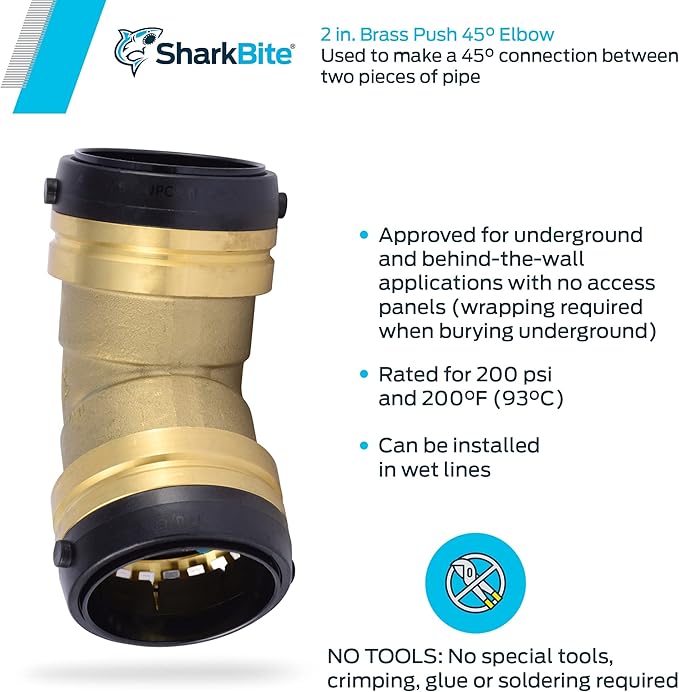 SharkBite 2 Inch 45 Degree Elbow, Push to Connect Brass Plumbing Fitting, PEX Pipe, Copper, CPVC, PE-RT, HDPE, UXL0554