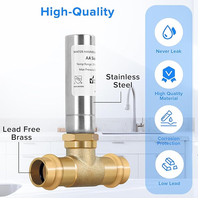Propress Water Hammer Arrestor (2-Pack) - 1/2" Copper Press Connection, Tee, Stainless Steel - Reduce Pressure and Noise