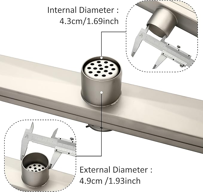 24 inch Linear Shower Drain with Removable Square Hole Panel by Using Brushed 304 Stainless Steel Process, Linear Drain Equipped with Adjustable Feet and Hair Strainer