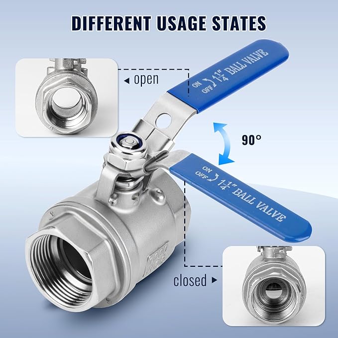 2 Pack 1-1/4" Ball Valves NPT Female Valve 304 Stainless Steel Full Port Locking Ball Valve Handle, Heavy Duty Shut Off Valve for Home and Industrial (1-1/4 Inch)