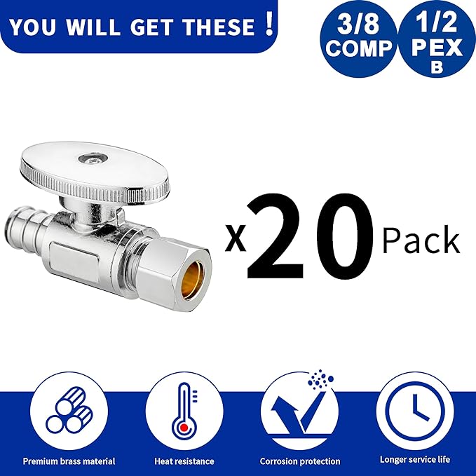 (20 Pack) Lidertik 1/2 inch Straight PEX-B Angle Stop Valve 1/2 inch x 3/8 inch Compression for Water Toilet Bathroom Sink Brass Plated Chrome 1/4 Turn Valve LI-JF1-1807-S(20 PCS)