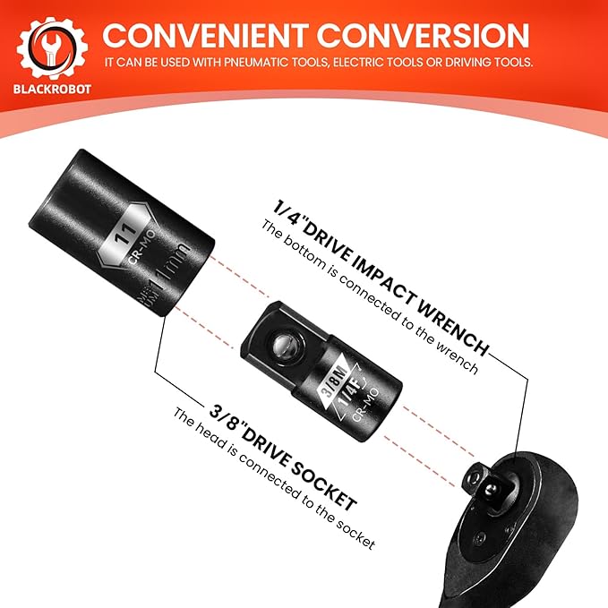 BLACKROBOT 4 Piece 1/4”F To 3/8”M Impact Socket Adapter Set,SAE Drive Cr-Mo Steel Exceeds ANSI Standards,Square Drive Reducer for Impact Driver Wrench