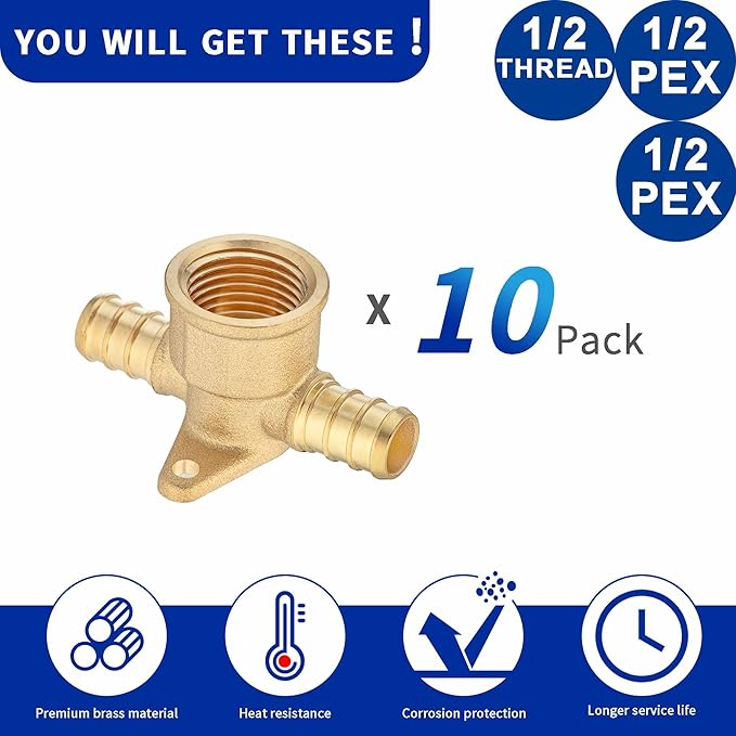 (10 Pack) Lidertik 1/2 Drop Ear Tee Pex Adapter, 1/2" PEX B F1807 to 1/2" PEX B F1807 to 1/2" NPT Female Threaded Adapter Brass LI-APXDET12 (10 Pieces)