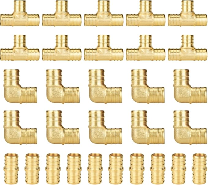 SUNGATOR 30-Pack 3/4 Inch PEX Fittings, 10 Each Elbow Tee Coupling, No Lead Brass Pex Fittings 3/4 Inch Assortment, UPC, NSF Certified
