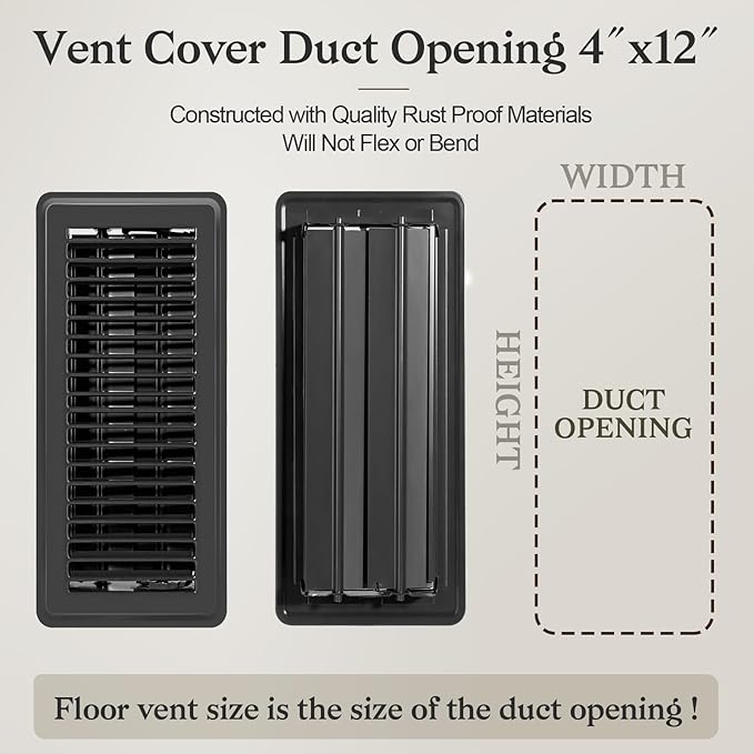2 PCS Floor Vents Floor Registers 4x12 inch, Heavy Duty Metal Heat Air Vent Covers 4 X 12 with Rust Proof Finish for Home Office Wall Floor Registers Grilles & Vents (2, Black, 4x12 Inches)