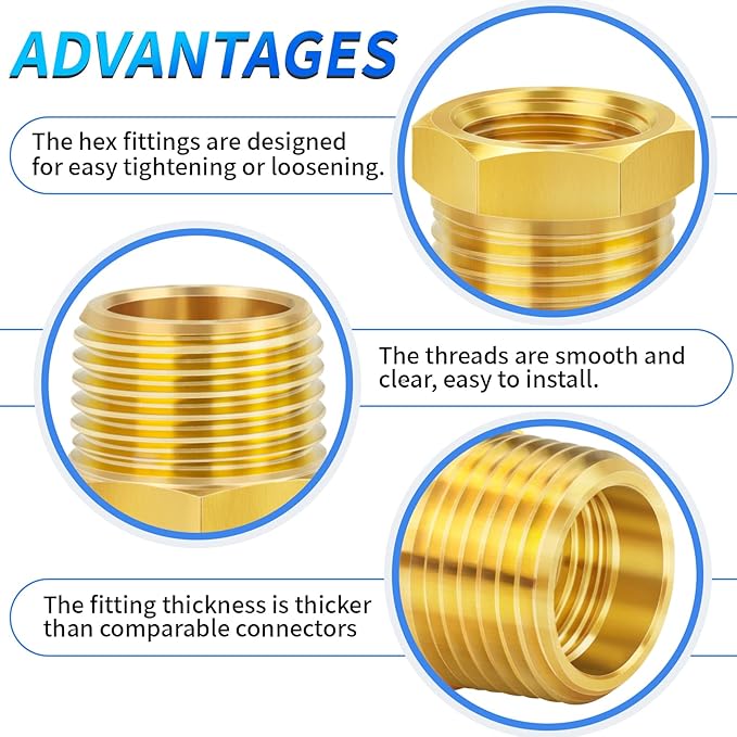 ChillWaves Brass Pipe Fitting, Reducer Hex Bushing 1/4" NPT Male x 1/8" NPT Female Thread Adapter(12-PACK)