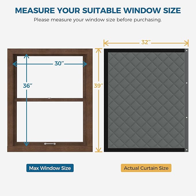 Window Insulation for Winter, Curtain Size 39 x 32 Inch, Thermal Insulated Window Cover Kit, Oxford Cloth Thick Cotton Filled, Fits up to 36'' × 30'' Windows, Grey