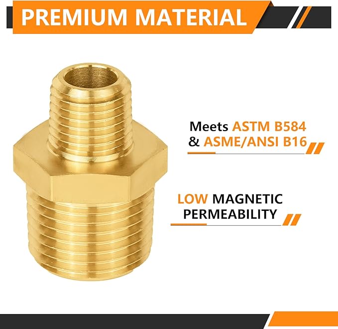 50-PCs HeSun Brass Hex Nipple Pipe Fitting, 1/2" NPT Male x 1/4" NPT Male Hex Pipe Adapter