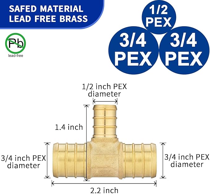 (10 Pack) Lidertik Pex Fittings Reducing Tee Brass Crimp Pipe, 3/4" * 3/4" * 1/2" PEX-B Brass LI-APXT343412(10 Pieces)