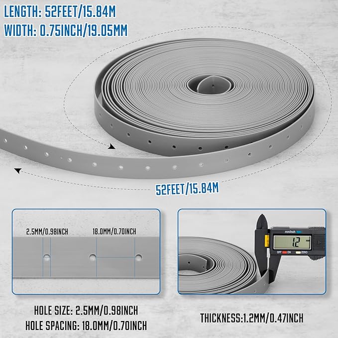 Plastic Hanger Strap 3/4 Inch x 52Feet Reinforced Flexible Hanger Strap for Pipe & Ducts Securing in Plumbing & HVAC, Gray
