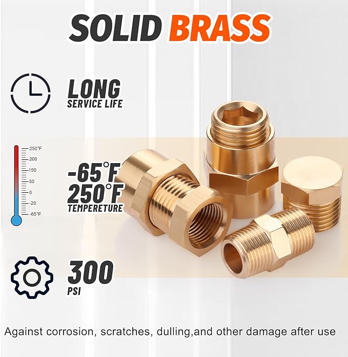 60pcs Brass Pipe Fittings Assortment Kit,Reducer Bushing,Hex Nipple,Reducing Hex Coupling,Hex Heand Plug,End Cap and Socket Plug Fitting Kit