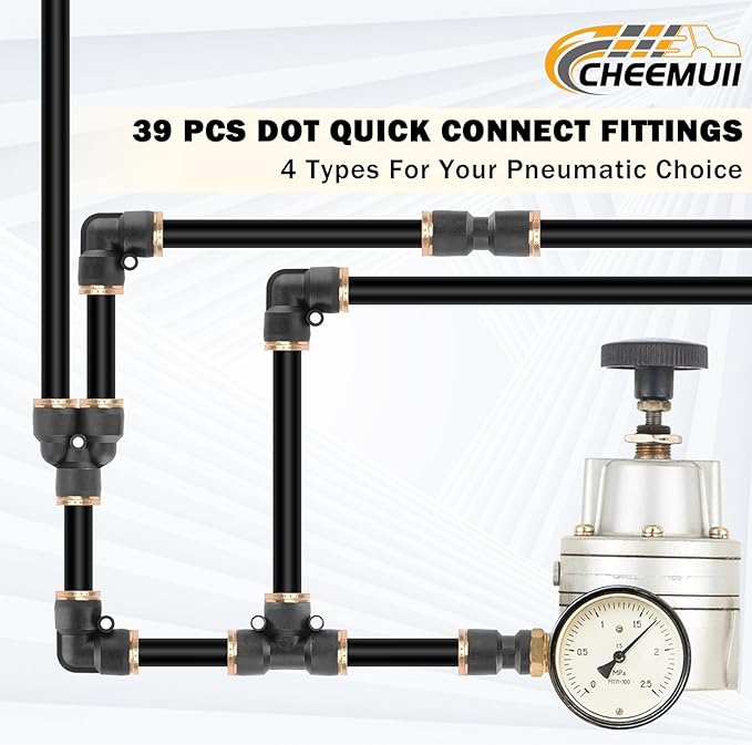 CheeMuii 39 PCS DOT Air Line Quick Connect Fittings 1/4" 3/8" 1/2" Push to Connect Fittings DOT Brass Air Hose Fittings Repair Kit for Semi Truck Air Line Kit or Industrial Air System