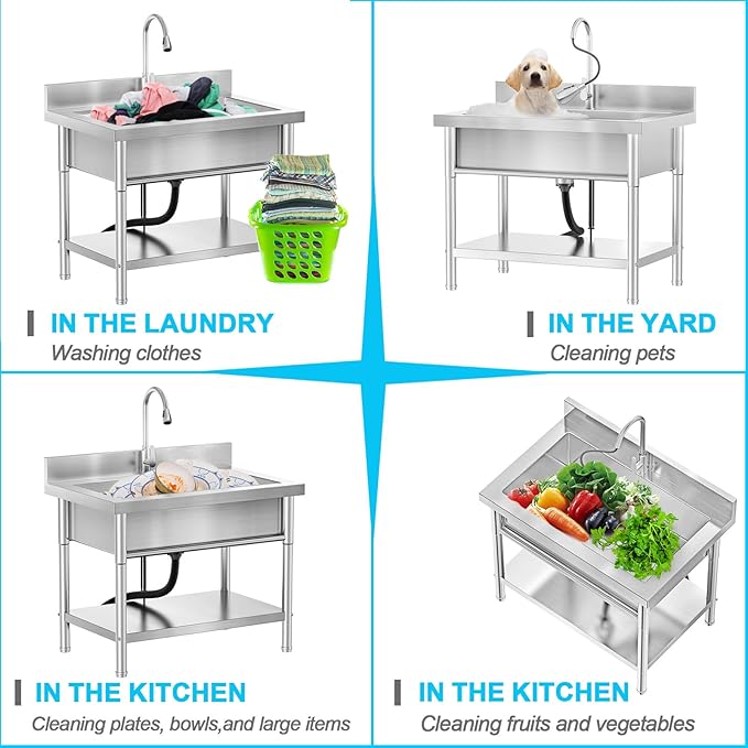 Stainless Steel Utility Sink Single Bowl Freestanding Laundry Sink with Pull-Out Faucet,for Pet Cleaning Laundry Room Farmhouse Indoor and Outdoor Sink