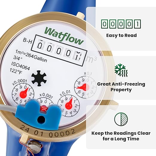 Watflow DN20 Water Meter 3/4" NPT, ISO 4064 Certification Cubic Water Flow Meter with Pulse Output, Cold Water Meter, for Garden/Home/Apartment, Horizontal Install.