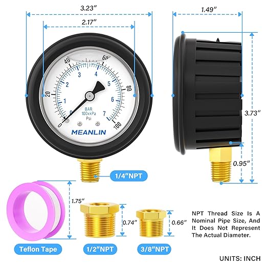 MEANLIN MEASURE 0~100Psi Stainless Steel 1/4" NPT 2.5" FACE DIAL Liquid Filled Pressure Gauge, Lower Mount (with Rubber Protective Sleeve), with 1/2" NPT and 3/8" NPT Hex Bushing