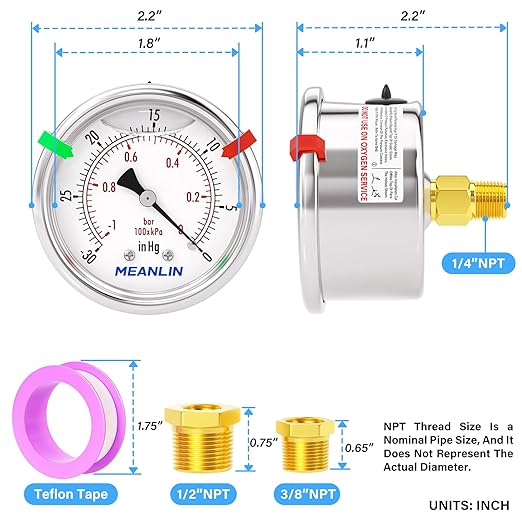MEANLIN MEASURE -30inHG~0Psi Vacuum Gauge Stainless Steel Liquid Filled 1/4" NPT 2" FACE DIAL for Air Compressor HVAC Negative Pressure Hand Pump Pool Center Back Mount with Hex Bushing and 2PCS Snaps