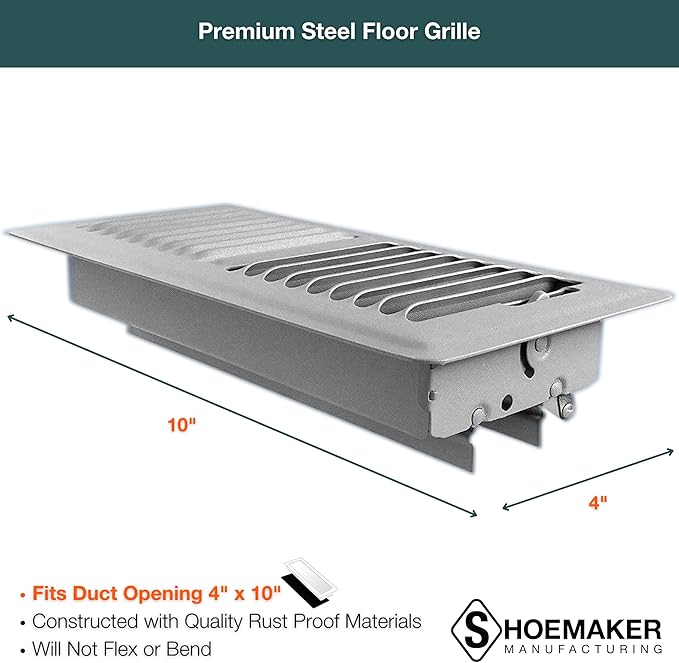 Shoemaker 4x10 Floor Register – Cement Gray Heavy Duty Metal Floor Vent Cover for Home Floors - Premium Forced Air Vent Covers