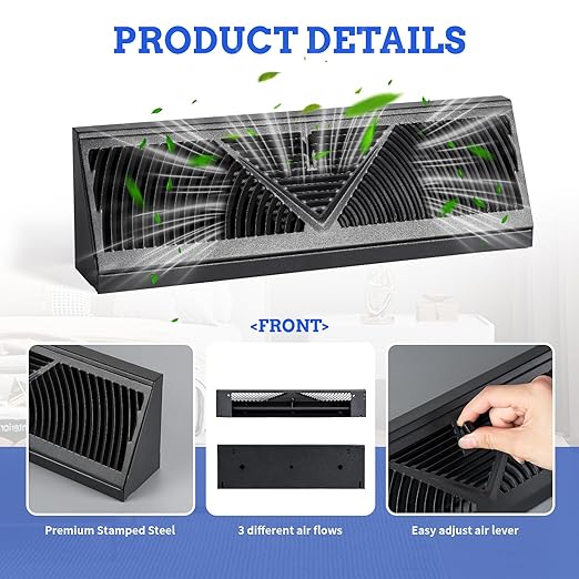 2 Pcs Baseboard Register Vent 18 Inch Duct Opening Size Baseboard Vent Covers Diffuser Adjustable Corner Return Air Grille for Home Floor Wall Air Flow Control (2, Black, 18 Inch)