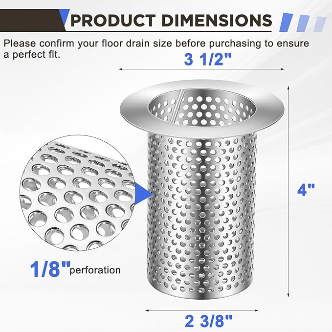 3" Diameter Commercial Floor Drain Strainer 4" Tall Perforated Cylindrical Mesh 316 Stainless Steel Drain Basket with Carry Handle –Heavy-Duty, for Restaurants, Kitchens, Factories