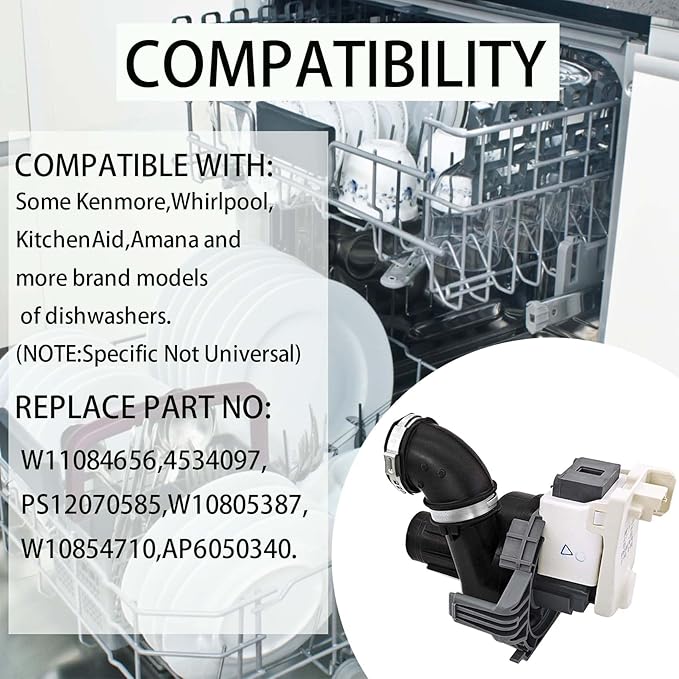 W11084656 Dishwasher Circulation Pump & Motor Assembly Compatible with Kenmore, Whirlpool, KitchenAid, Amana, Replacement Part: 4534097, PS12070585, W10805387, W10854710, AP6050340