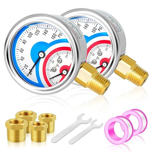 MEANLIN MEASURE 2PCS 0-160Psi Stainless Steel Thermal Pressure Gauge 30-250℉ 1/4" NPT 2.5" FACE DIAL Liquid Filled Pressure Gauge, with 1/2" NPT and 3/8" NPT Hex Bushing, Lower Mount
