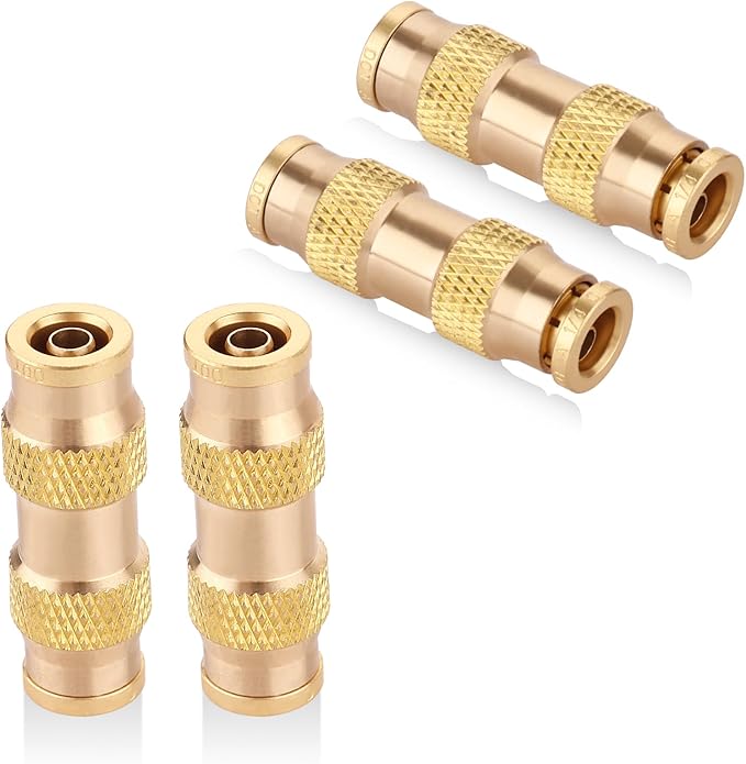 1/4" Air Brake Line Fitting, (One-quarter of an inch) DOT Brass Push in Fitting, Push to Connect Union Fittings Air Brake Union 1/4" Tube OD for Trucks Trailers andIndustrial Use (4 Pack)