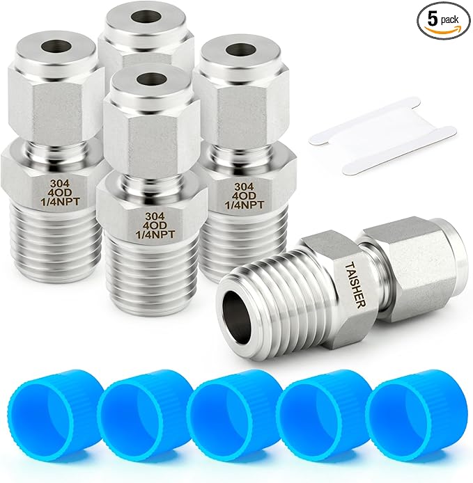 TAISHER 5PCS 304 Stainless Steel Compression Tube Pipe Fitting Connector, 4MM Tube OD x 1/4" NPT Male Straight Adapter