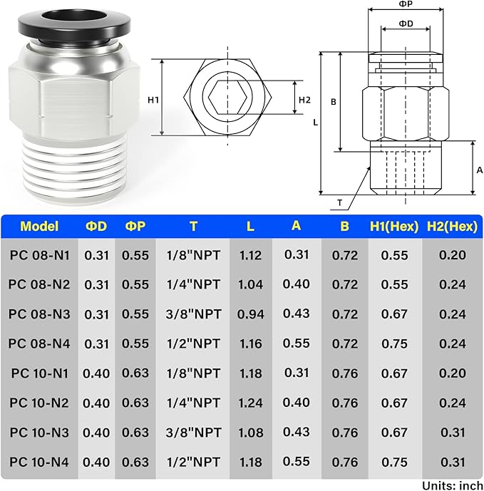 TAILONZ PNEUMATIC Male Straight 8mm Tube OD x 3/8 Inch NPT Thread Push to Connect Fittings PC8-N3 (Pack of 10)