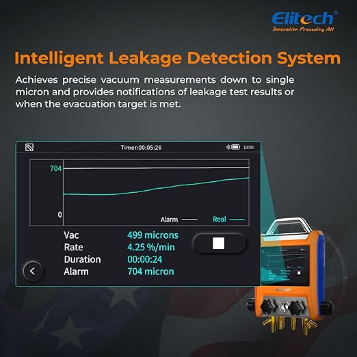 Elitech Digital 4 Valve Manifold Gauge HVAC with Refrigerant Hoses, Vacuum Micron Gauge, Thermometer Clamps, OTA Upgrade, Wireless APP Control