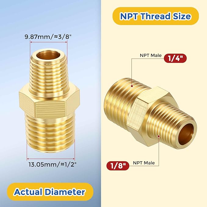 2 Packs Brass Pipe Fittings, 1/4" Male NPT to 1/8" Male NPT Brass Hex Nipple, Male Pipe Adapter Reducer for Air, Oil, LP